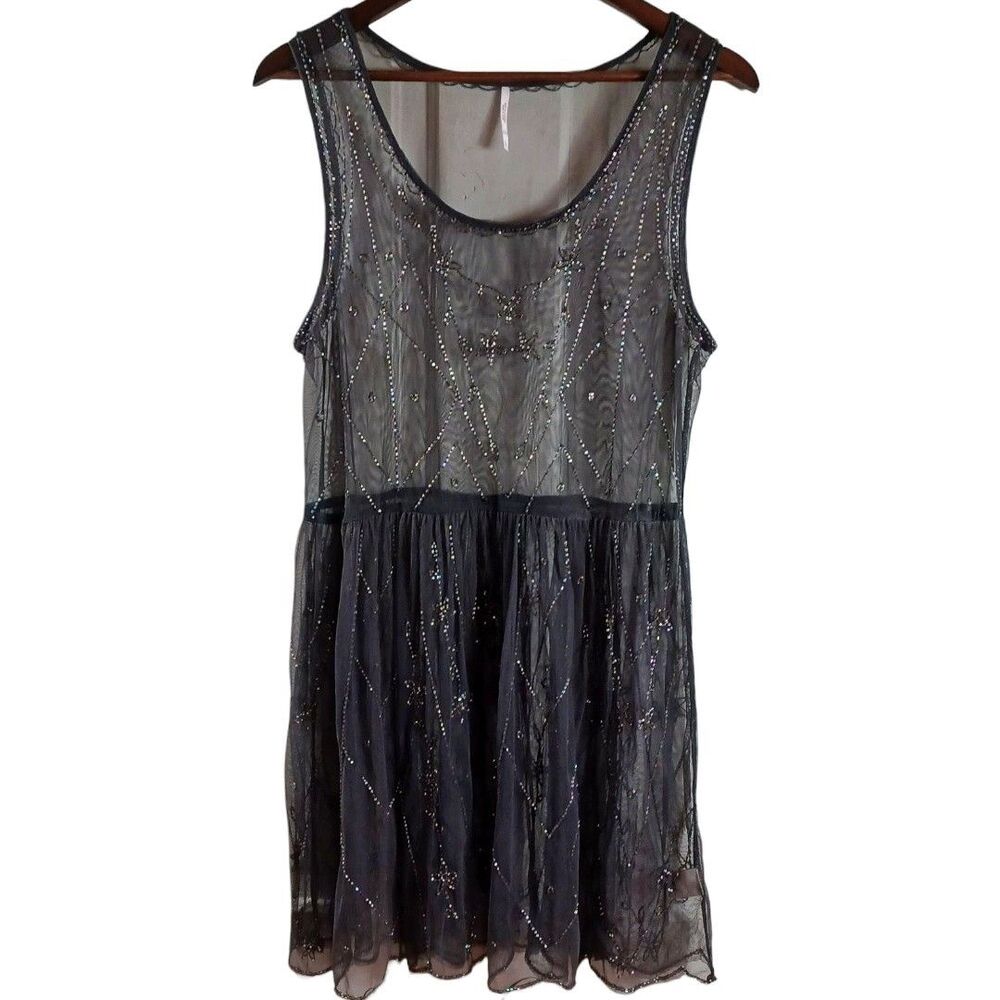 Free People Sheer Embellished Black Mini Dress